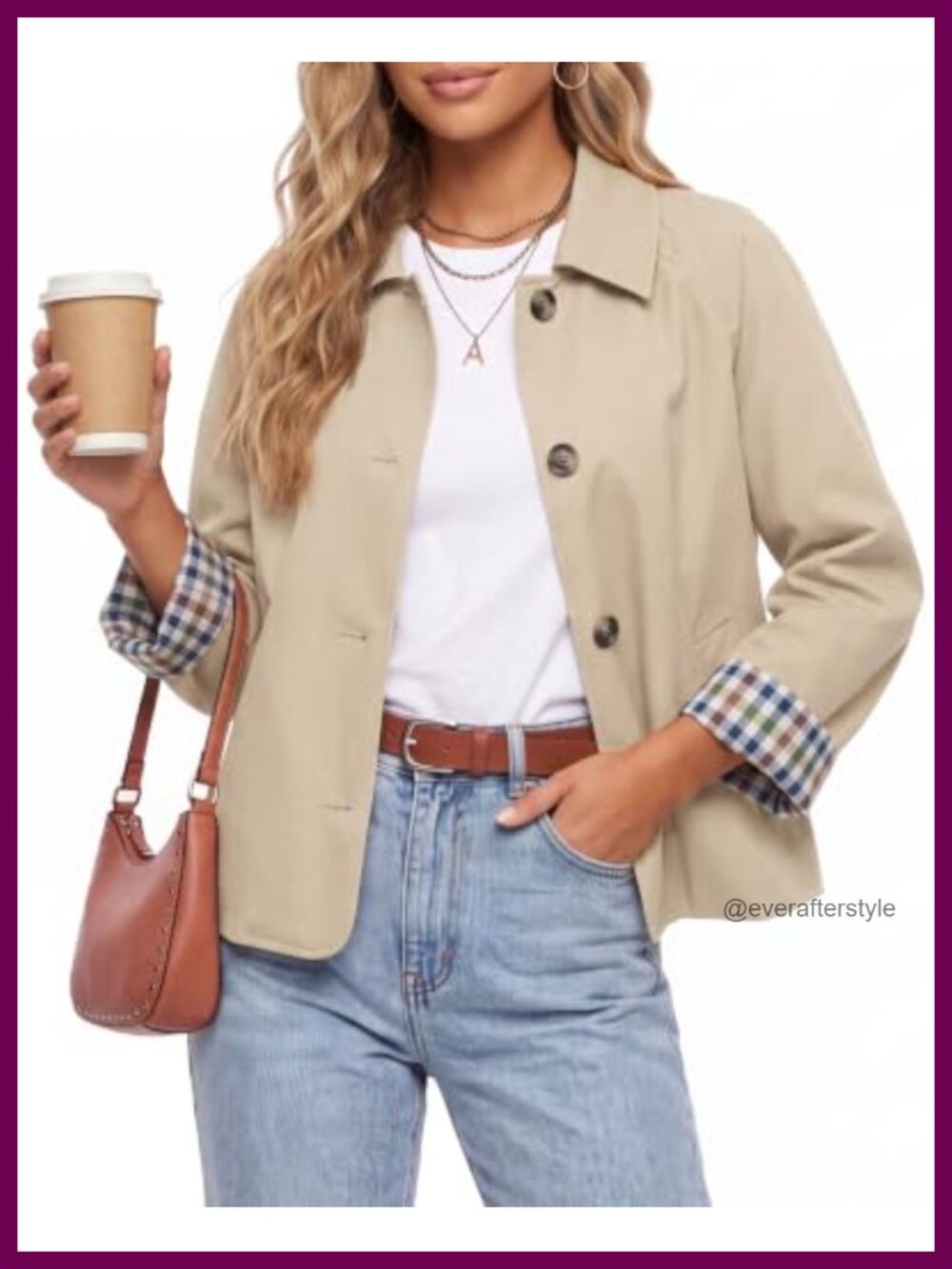 Womens Cropped Trench Coat Plaid Lining Button Down Casual Jacket